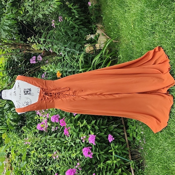 Women's Wedding, Bridesmaids, Formal Draped Burnt Orange V-Neck,  Dress - Picture 3 of 12